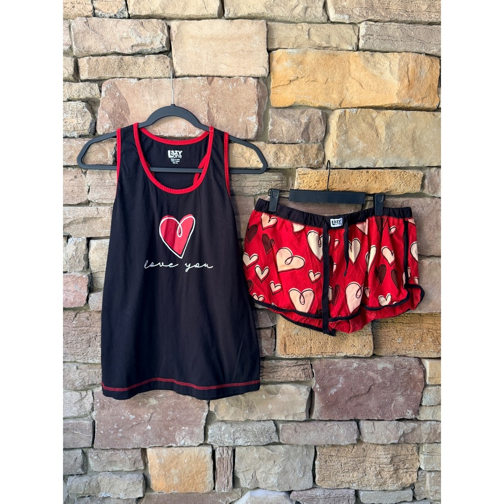 Lazy One 2PC Womens XL Pajama Set Black Red Heart Tank Boxer Shorts